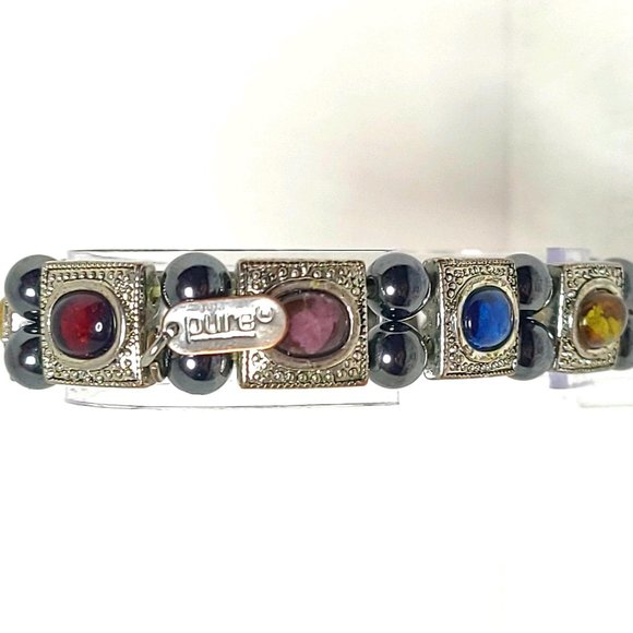Silver Tone Hematite & Cabachon Stretch Bracelet, Multi Color, Signed Pure, EUC - Picture 2 of 3